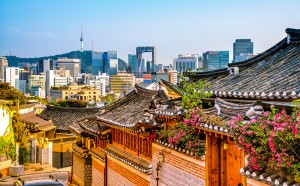 Bukchon Hanok Village with modern building in Seoul, South Korea