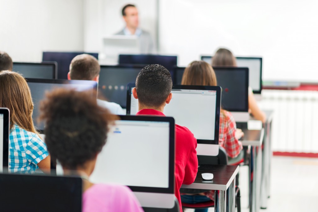 Rear view of group of people in a computer lab.